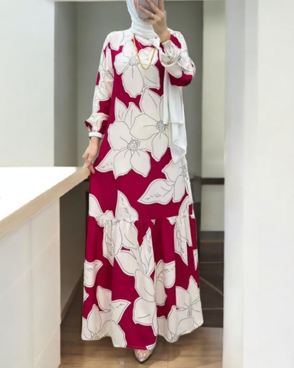 Flower Print Borkha (White-Red)